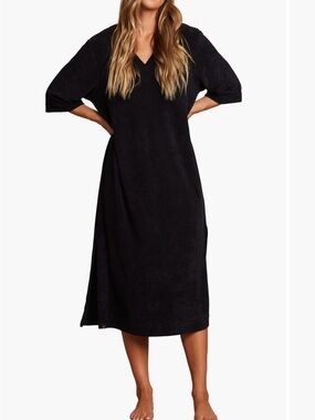 Barefoot Dreams Beach Cozy Terry Double V Neck Caftan / cover up - Black (L/XL)